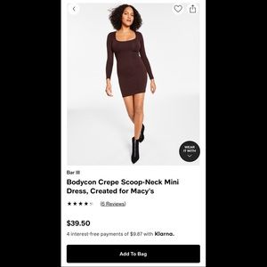 Bar III dark brown long sleeve bodycon dress